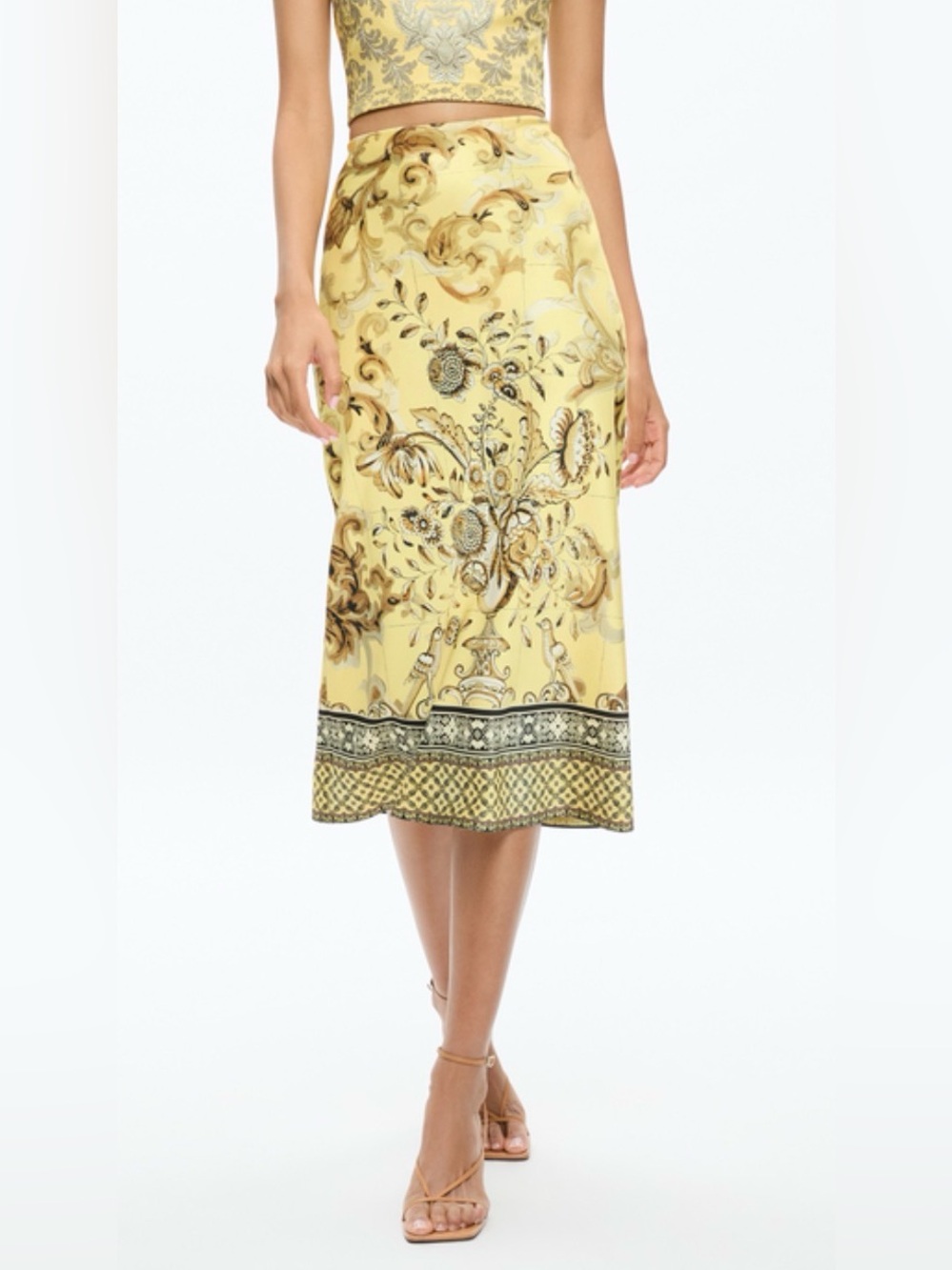 Alice + Olivia Maeve Midi Skirt w/Slit Floral Lisbon Lemon Print Size 4 $395